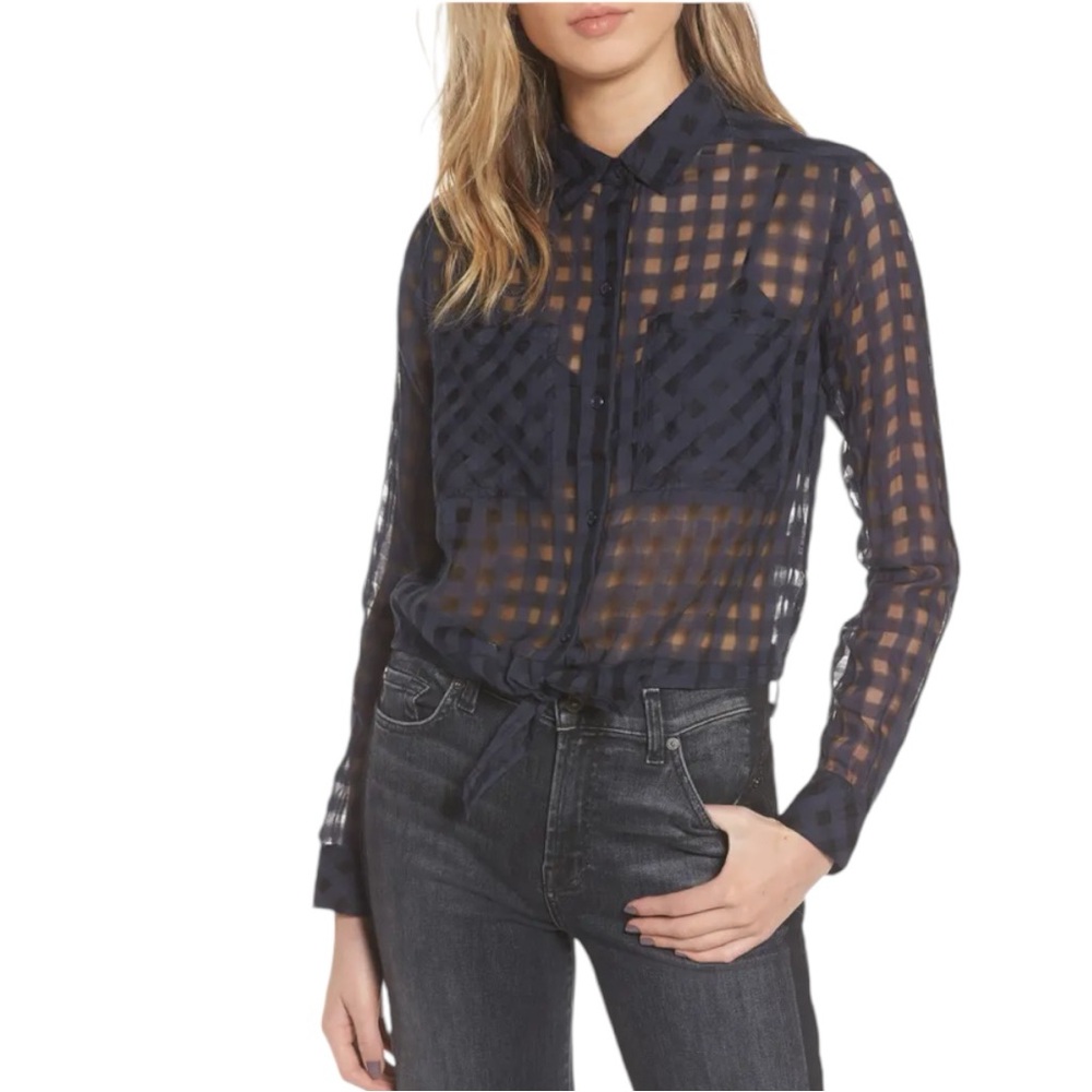 Rails Kelsey Sheer Tie Front Shirt in Navy Size XS